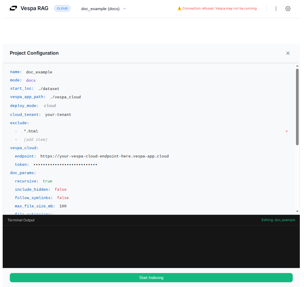 Project selector dropdown with "doc_example" highlighted