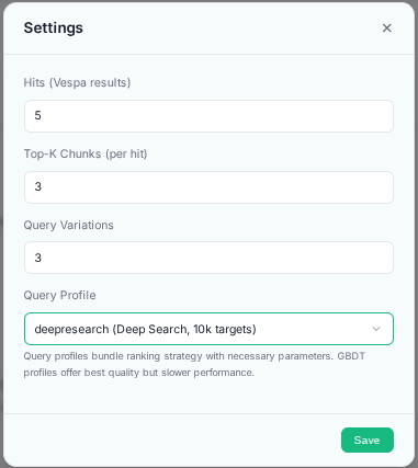 Settings modal with query profile dropdown